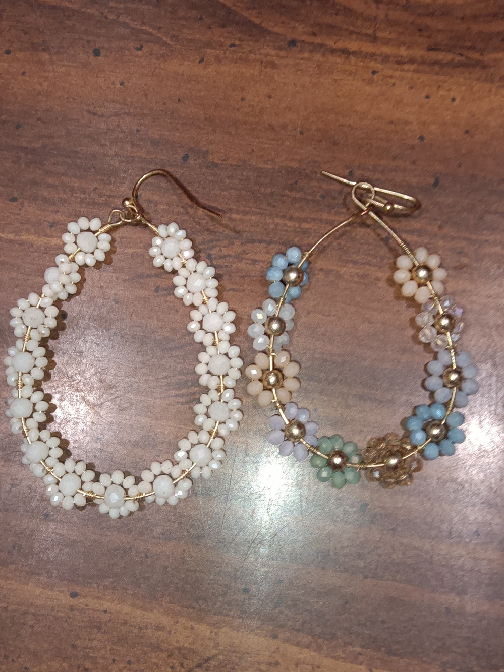 Floral Bead Hoop Earrings - White & Multicolor